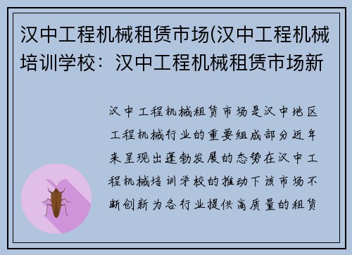 汉中工程机械租赁市场(汉中工程机械培训学校：汉中工程机械租赁市场新动态)