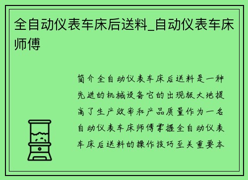 全自动仪表车床后送料_自动仪表车床师傅
